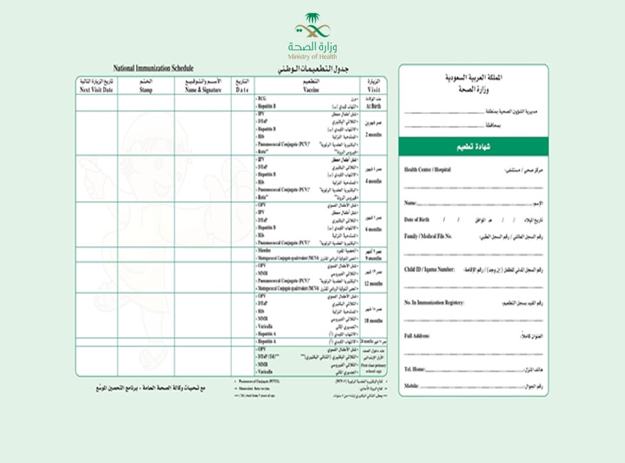 جدول التطعيمات السعودي الجديد 1447 جدول التطعيمات السعودي الجديد